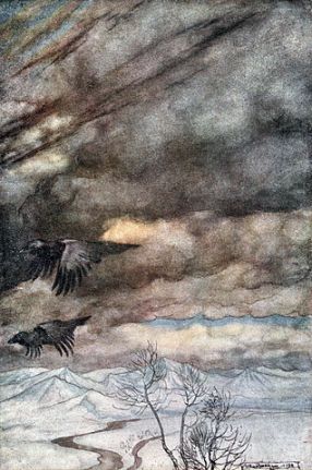 Arthur Rackham - "Zygfryd i Zmierzch Bogów" - Kruki Wotana 