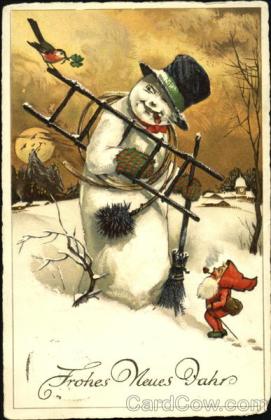 stara kartka noworoczna, bałwan i skrzat