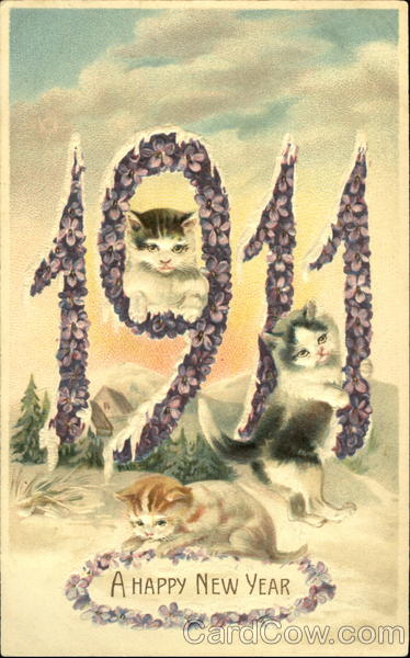 stara kartka noworoczna, koty