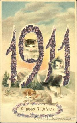 stara kartka noworoczna, koty