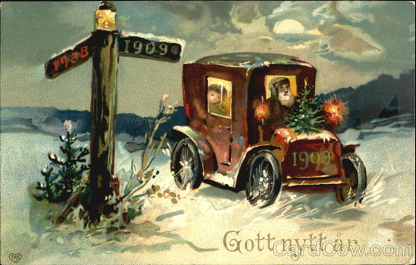 stara kartka noworoczna, samochód