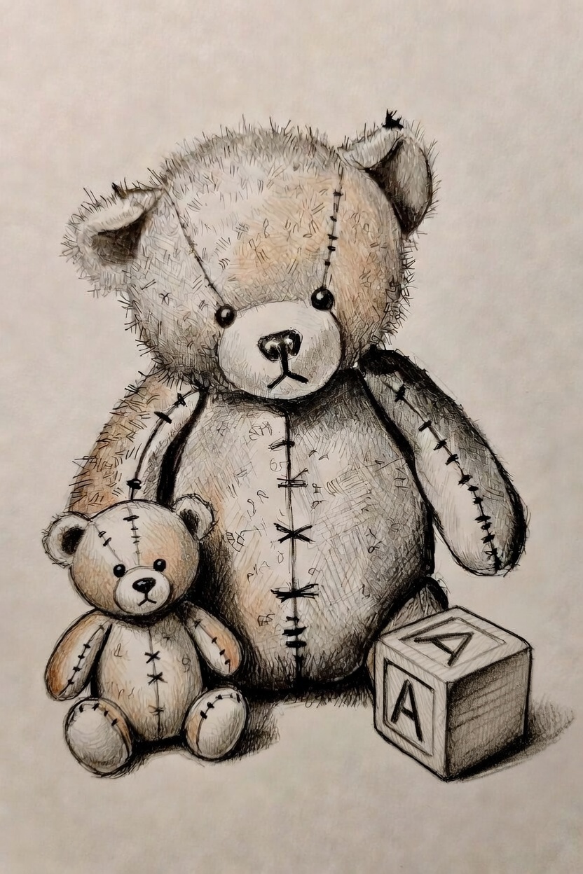 stare pluszowe misie i klocek - rysunek