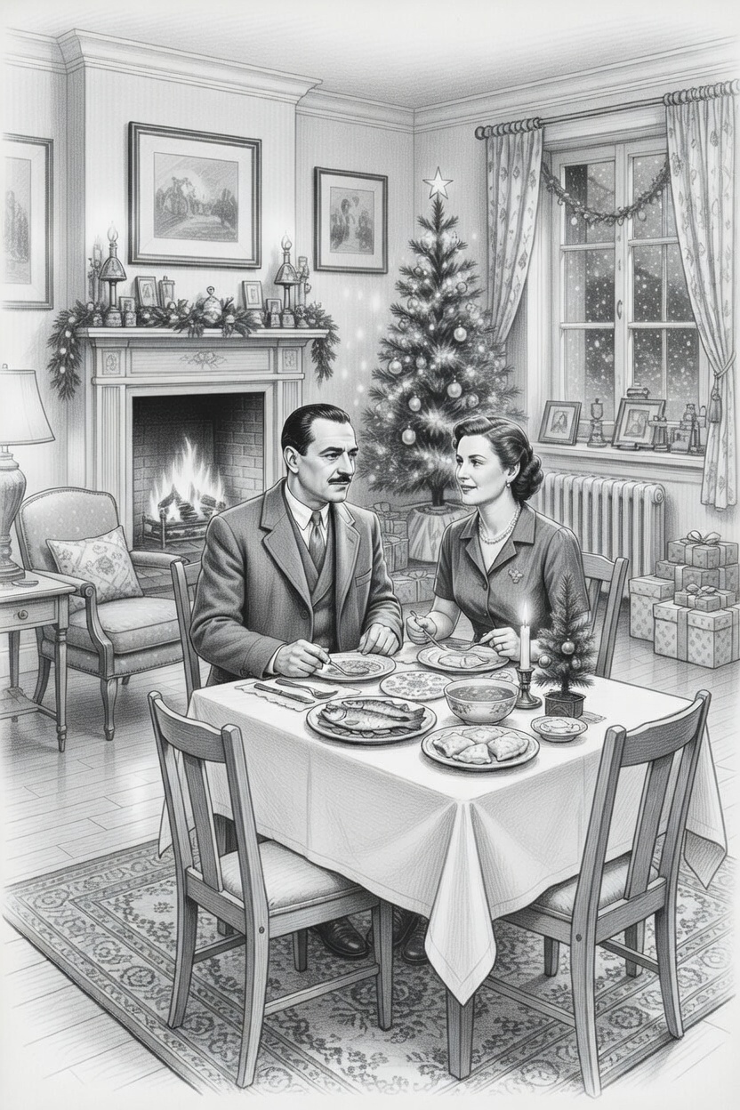 kolacja wigilijna, inspektor siedzi z żoną przy kwadratowym stole z białym obrusem, salon z kominkiem, choinka i stare meble - czarno-biały rysunek