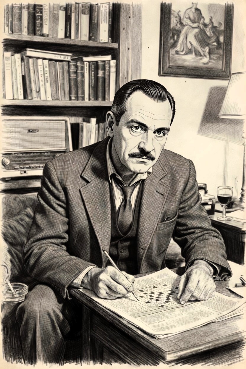 Inspektor policji, z wąsami, rozwiązuje krzyżówkę siedząc w fotelu przy radiu i biblioteczce