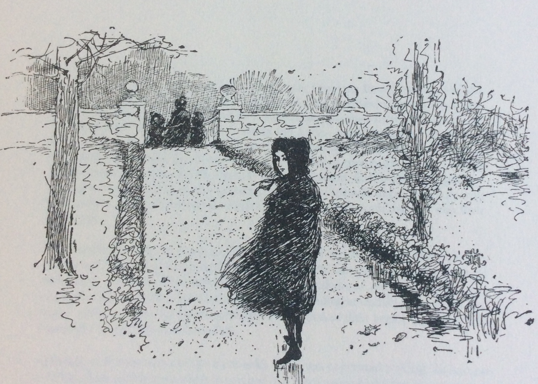 Ilustracja do "KJane Eyre", czarno-biały rysunek, Jane stoi na wietrze w ogrodzie